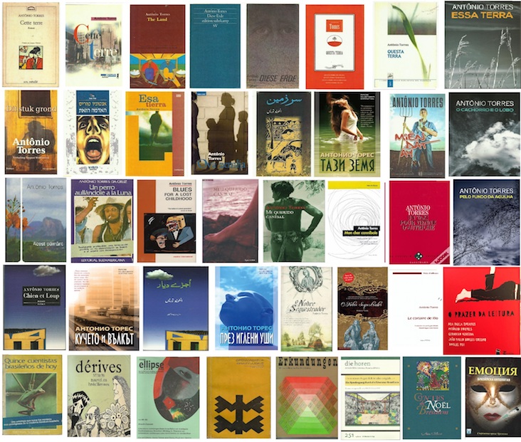 Fotos de 40 capas de livros de Antônio Torres em diversos países distribuídas em 5 linhas e 8 colunas